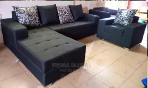 L-Shape Sofa and Single Chair, Pillows. Black Fabric Couches