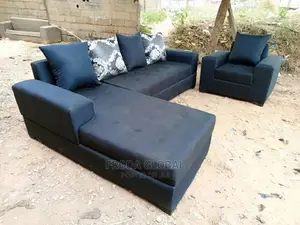L-Shape Sofa and Single Chair, Pillows. Black Fabric Couch. Ebe9