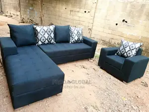 L-shape Sofa And Single Chair + Pillows. Black Fabric Couch