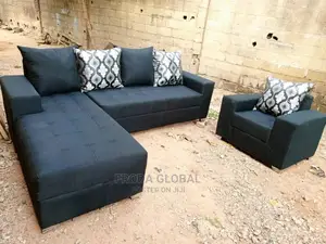 Black Fabric L-Shape Sofa and Single Chair + Pillows