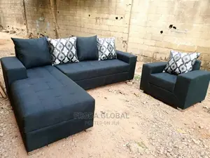L-Shape Sofa and Single Chair + Pillows. Black Fabric Couch