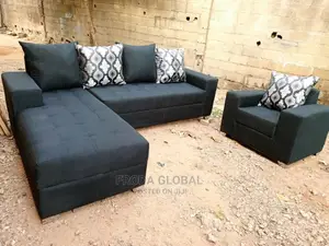 L-Shape Sofa and Single Chair + Pillows. Black Fabric Couch