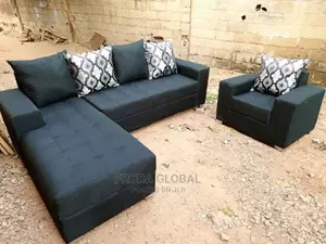 L-Shape Sofa and Single Chair + Pillows. Black Fabric Couch