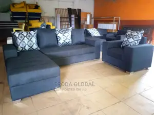 L-Shape Sofa and Single Chair + Pillows. Black Fabric Couch