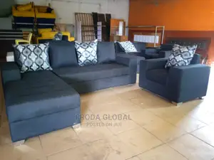 L-Shape Sofa and Single Chair + Pillows. Black Fabric Couch