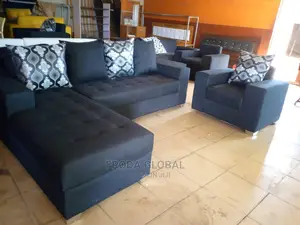 L-Shape Sofa and Single Chair + Pillows. Black Fabric Couch