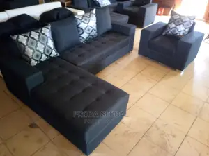 L-Shape Sofa and Single Chair + Pillows. Black Fabric Couch. Akw01