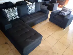 L-Shape Sofa and Single Chair + Pillows. Black Fabric Couch. Akw87