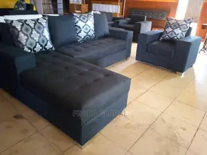 L-Shape Sofa and Single Chair + Pillows. Black Fabric Couch. Mla08