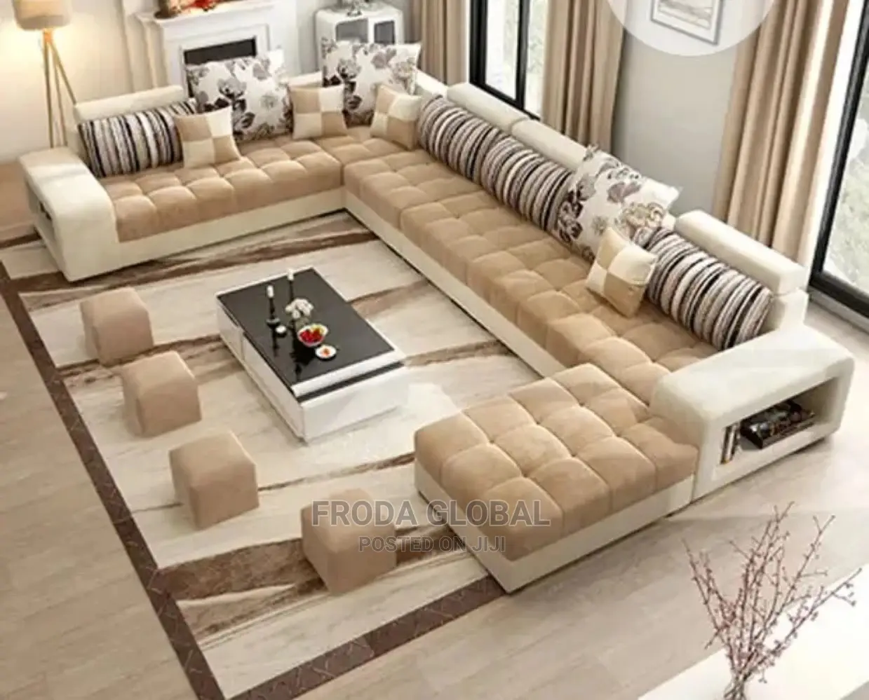 U-Shape Sofa Chairs With Table and Side Stools. Fabric Couch