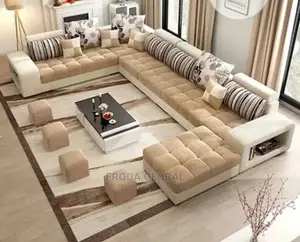 U-Shape Sofa Chairs With Table and Side Stools. Fabric Couch