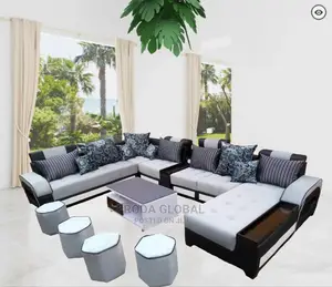 U-Shape Sofa Chairs With Table and Side Stools. Fabric Couch