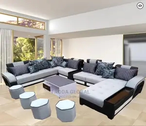U-Shape Sofa Chairs With Table and Side Stools. Fabric Couch