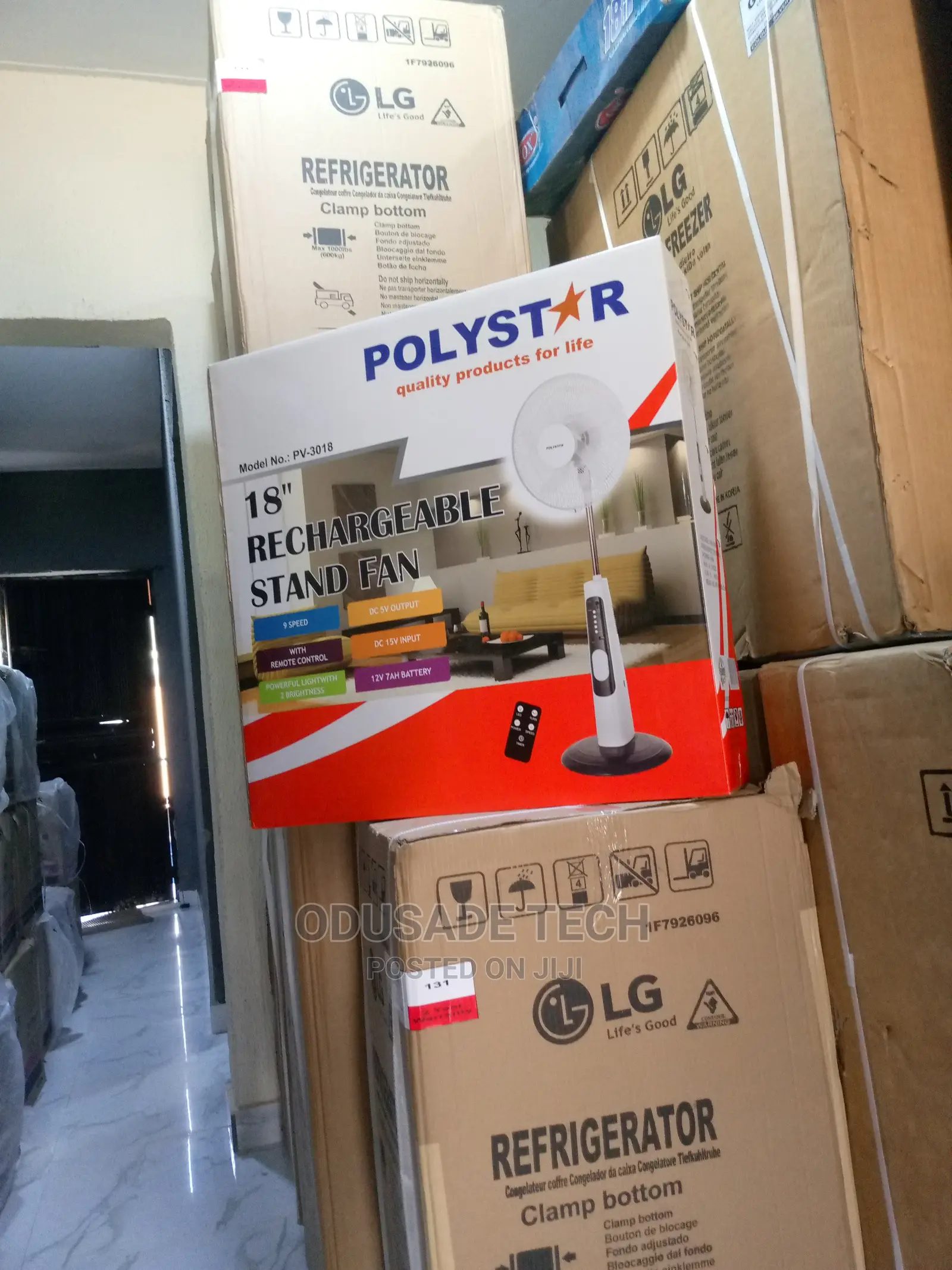 Polystar 18'' Rechargeable Stand Fan With DC 15V Input Jack