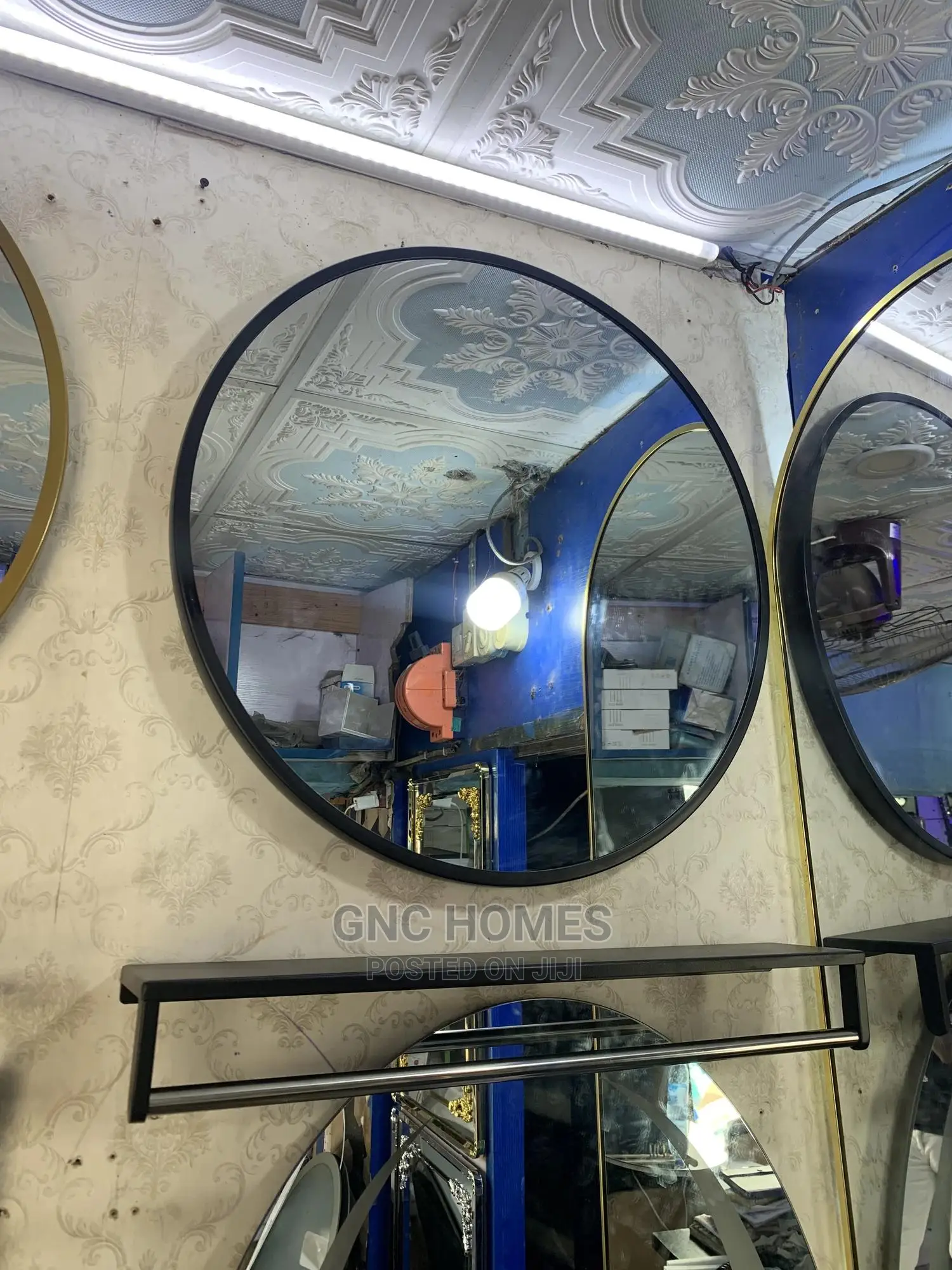 Round Mirror With Black and Gold Frame