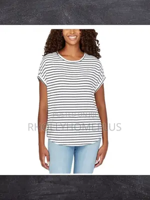 White Black Stripes Knit Top Short Sleeve Stretch