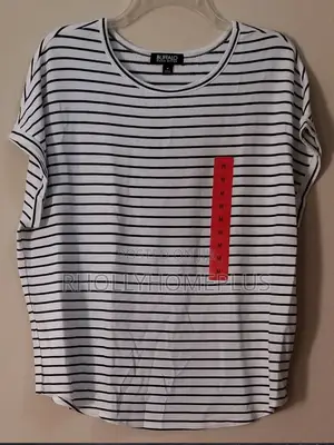 White Black Stripes Knit Top Short Sleeve Stretch