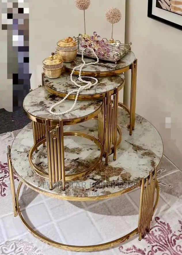 New Modern Marble Top Centre Table With 3 Side Stools