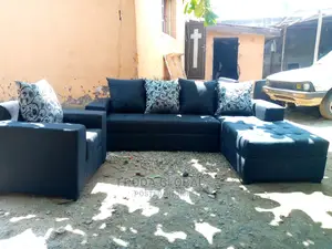 L-Shape Sofa and Single Chairs. Black Fabric Couch