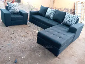 L-Shape Sofa and Single Chair With Pillows. Fabric Couch. Rph09