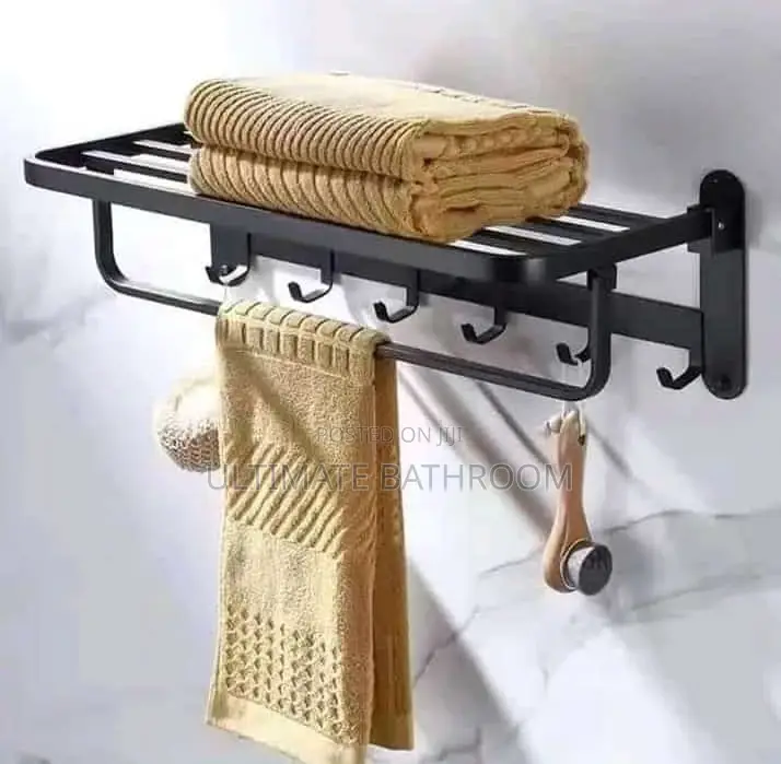 Black Heavy Guage 60cm Towel Shelf With Hook