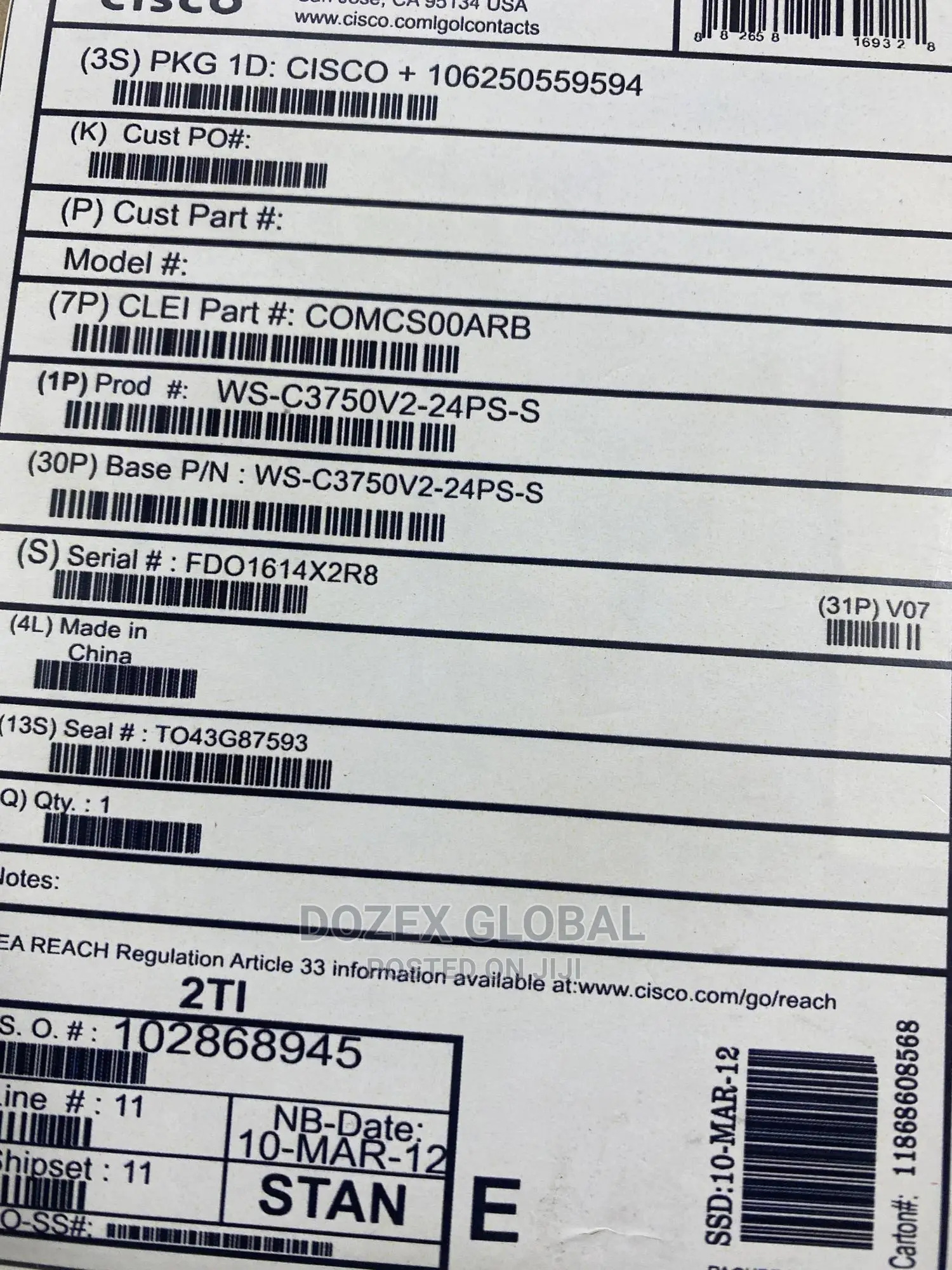 Cisco 3750v2-24ps-S POE Switch