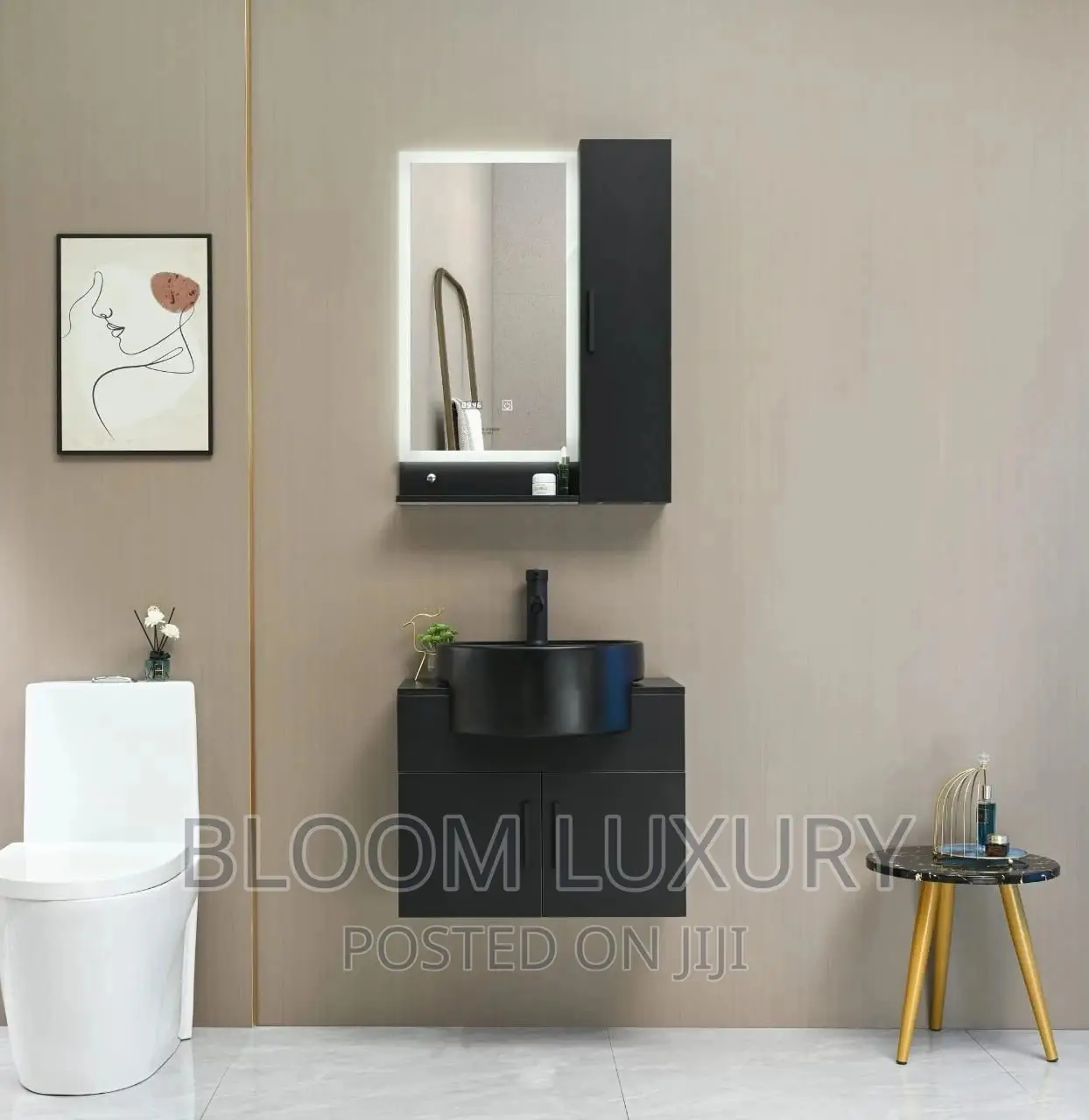Mini Cabinet With LED Mirror and Side Shelf