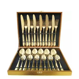 Wooden Box Gold Cutlery - Set of 24