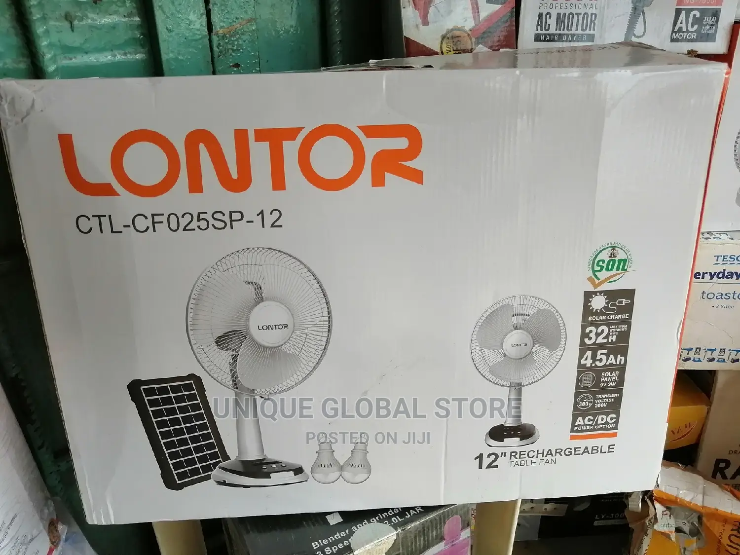 Lontor 12" Rechargeable Table Fan With Free Solar Panel