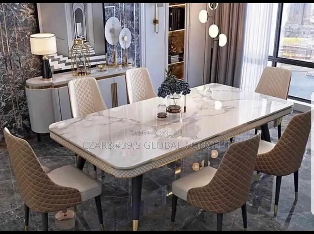 Modern 6 Seater Marble Top Dining Table Set.