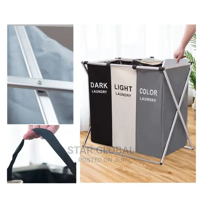 3 Section Oxford Fabric Basket Laundry Dirty Clothes Storage