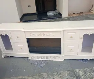 Wooden Cream or White Television Stand With Fireplace.