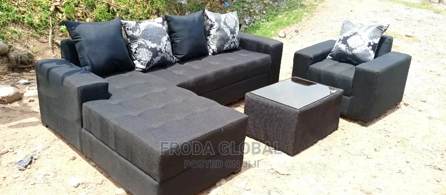 L-Shape Sofa and Single Chair With Table. Fabric Couch