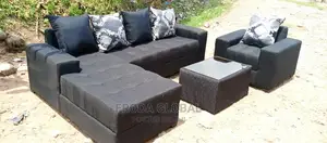 L-Shape Sofa and Single Chair With Table. Fabric Couch
