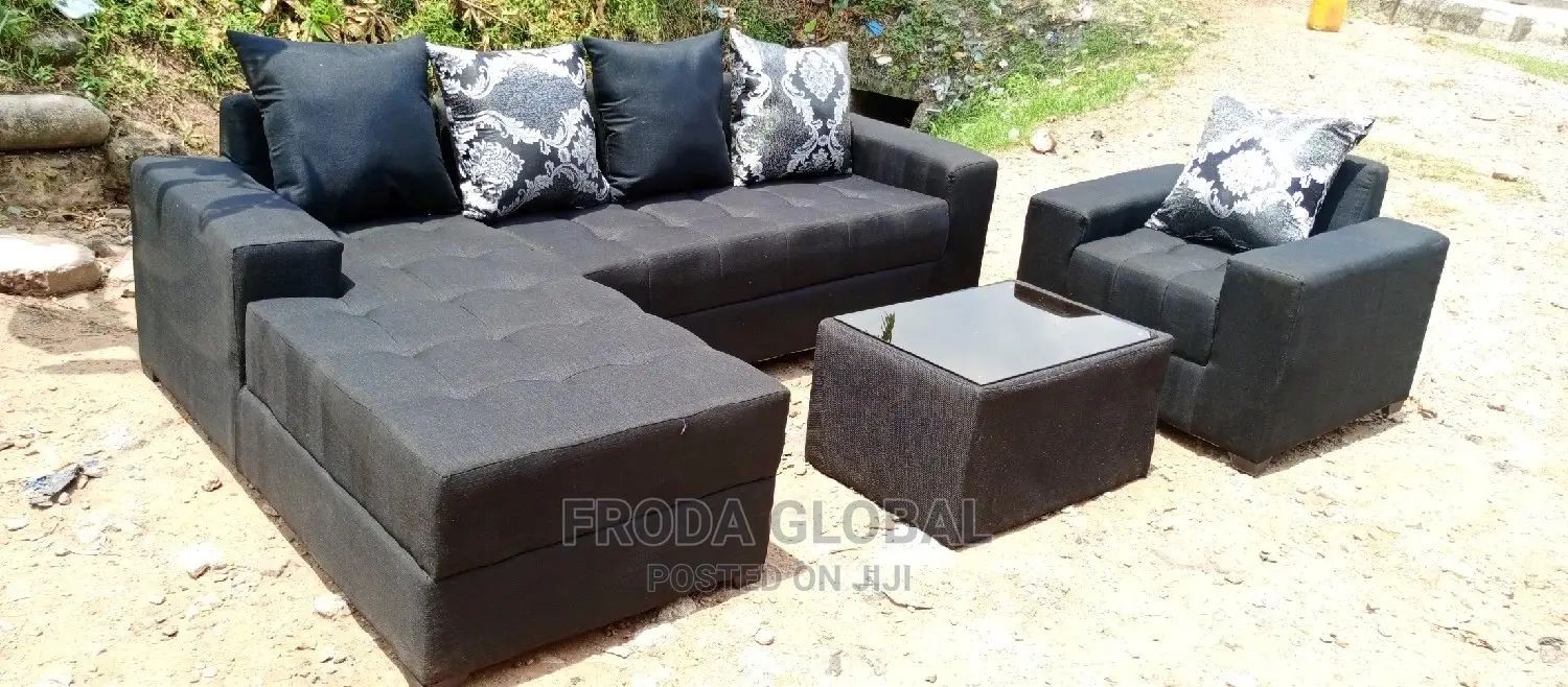 L-Shape Sofa and Single Chair With Table. Fabric Couch