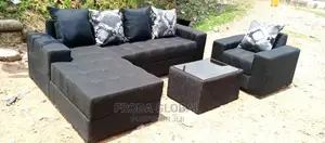 L-Shape Sofa and Single Chair With Table. Fabric Couch