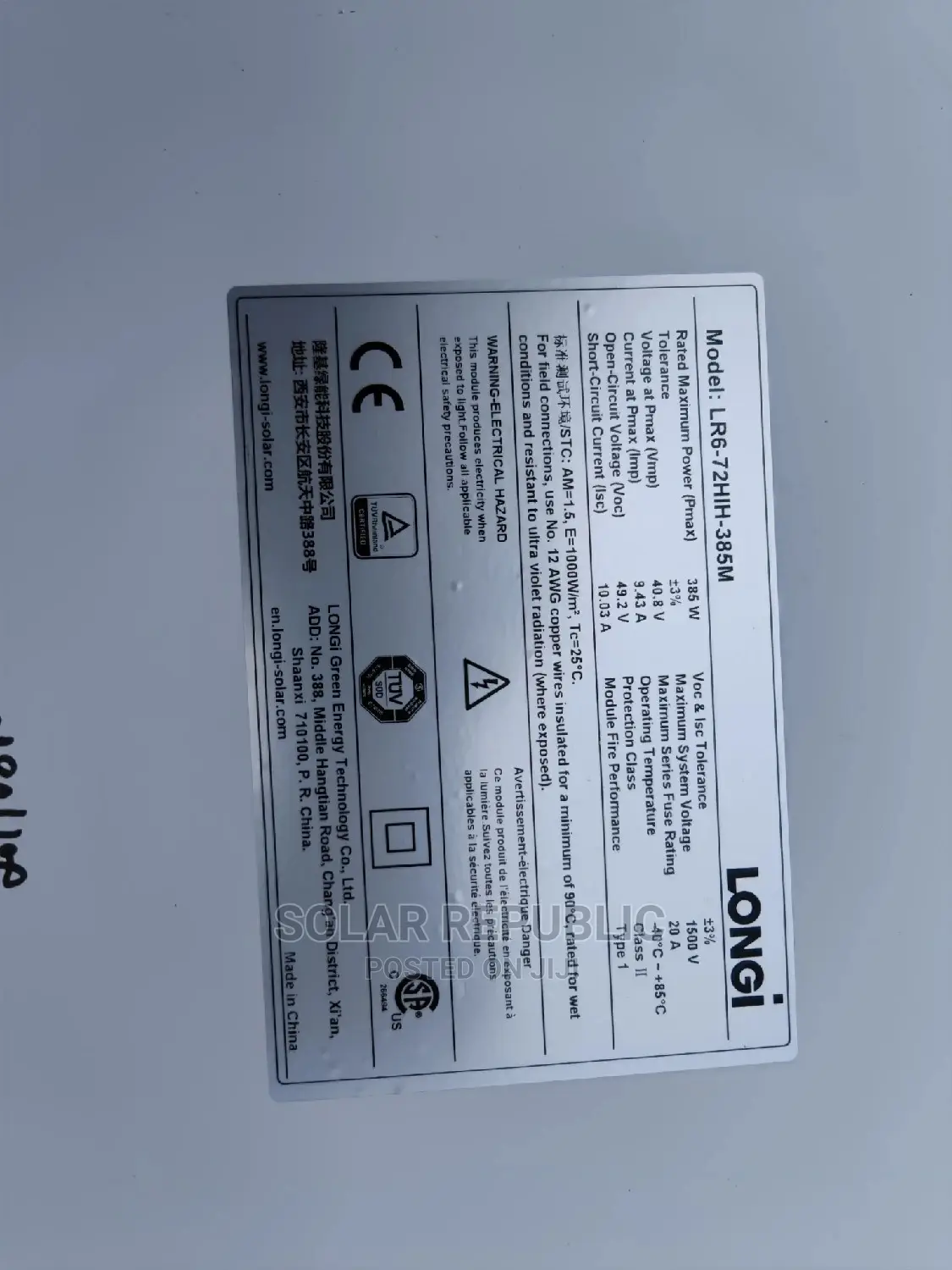Mono Solar Panel 385W Longi