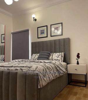4 by 6 Striped Bed Frame and Bedside Cupboard