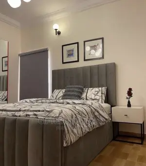 4 by 6 Striped Bed Frame and Bedside Cupboard