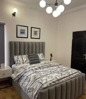 4 by 6 Striped Bed Frame and Bedside Cupboard