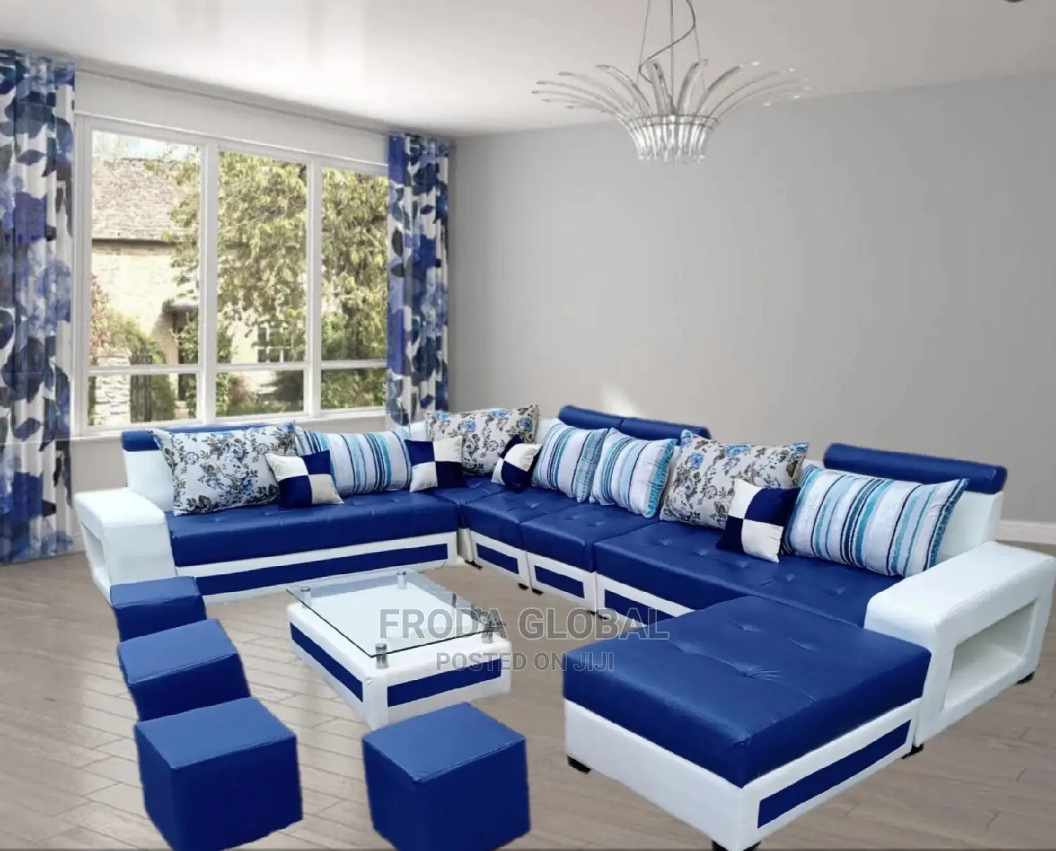 U-Shape Sofa Chairs With Table and Stools. Leather Couch