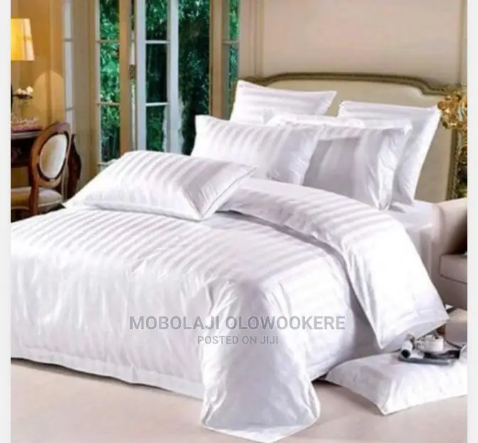 Plain White Stripped Duvet, Bedsheet and 4 Pillowcases