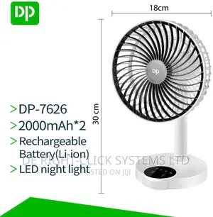 Dp 7626 Rechargeable Table Fan- 4000mah With Led Night Light
