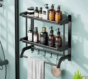 2 Tiers Bathroom Shelf Wall Mounting Rack With Towel Bar