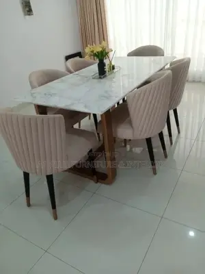 Dining Set ( 6 Seater) With Marble Top Wooden Leg