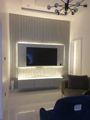 Light Grey Gloss Tv Wall Cladding With Light.