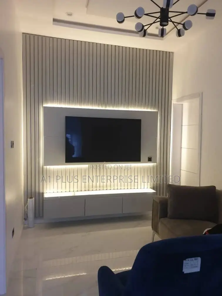 Light Grey Gloss Tv Wall Cladding With Light.