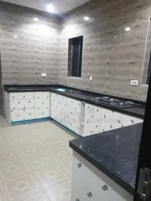 White U-Shape Kitchen Base Unit With Black Galaxy Marble Top