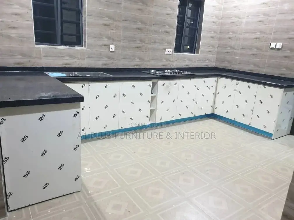 White U-Shape Kitchen Base Unit With Black Galaxy Marble Top