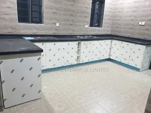 White U-Shape Kitchen Base Unit With Black Galaxy Marble Top